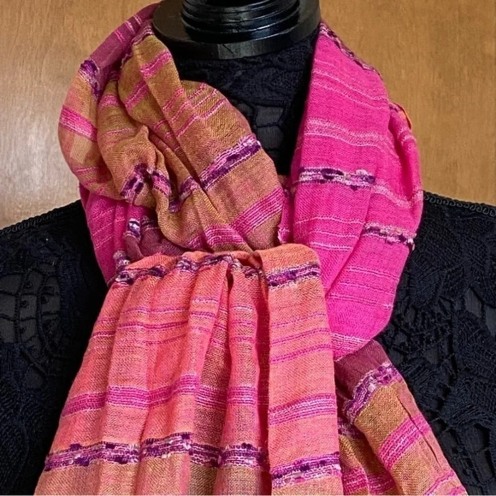 Macy’s neon magenta hot pink viscose fringed oblong skinny scarf wrap
